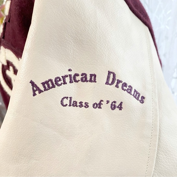 Vintage 1960’s burgundy dark red cream leather sleeves letterman jacket - Picture 3 of 7